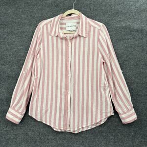 Lola River Womens Linen Blend Button Down Shirt Sz M Pink Striped Coastal Resort